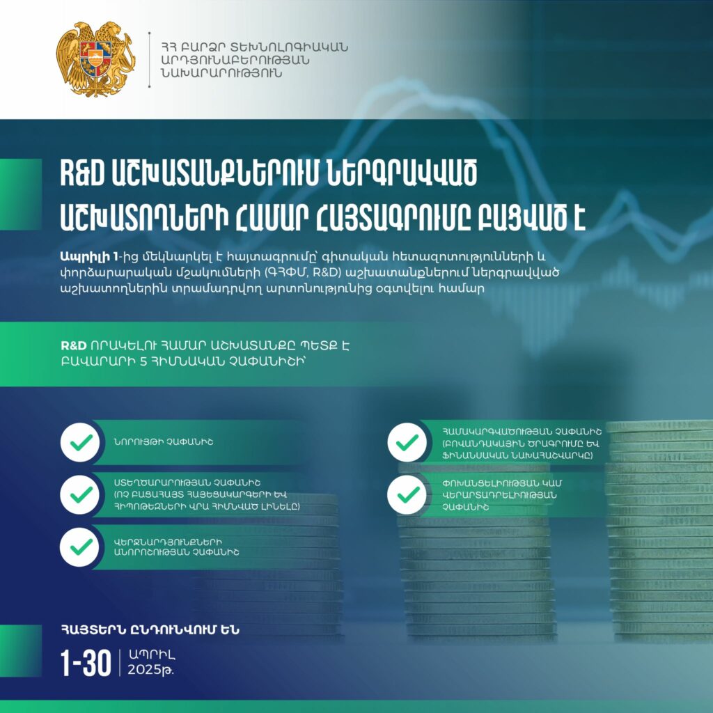 Մեկնարկել է R&D-ի արտոնությունից օգտվելու հայտագրումը 1 Մեկնարկել է R&D-ի արտոնությունից օգտվելու հայտագրումը
